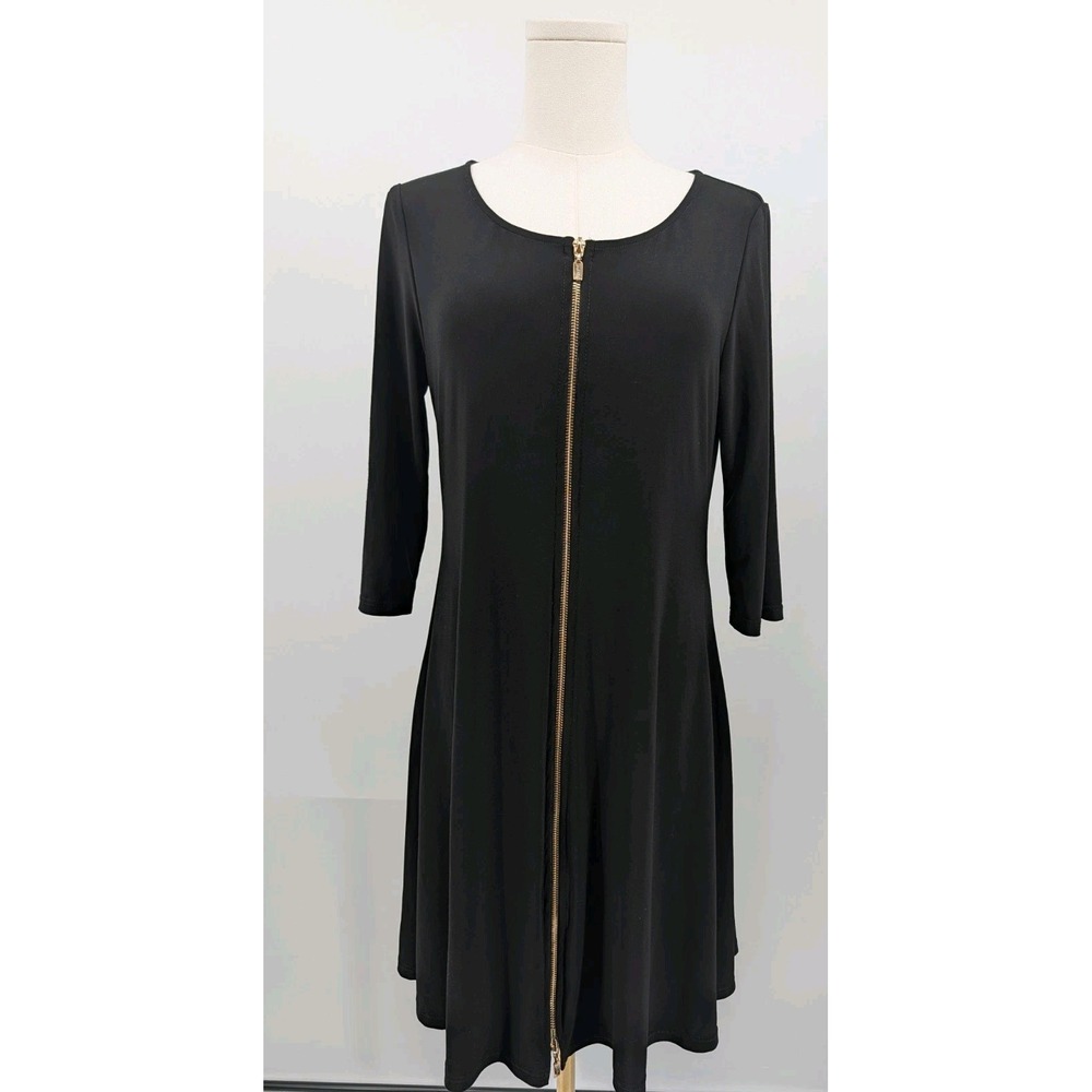 Joseph Ribkoff Black Slinky Dress Gold Full Zip Size 10 City LBD Classic